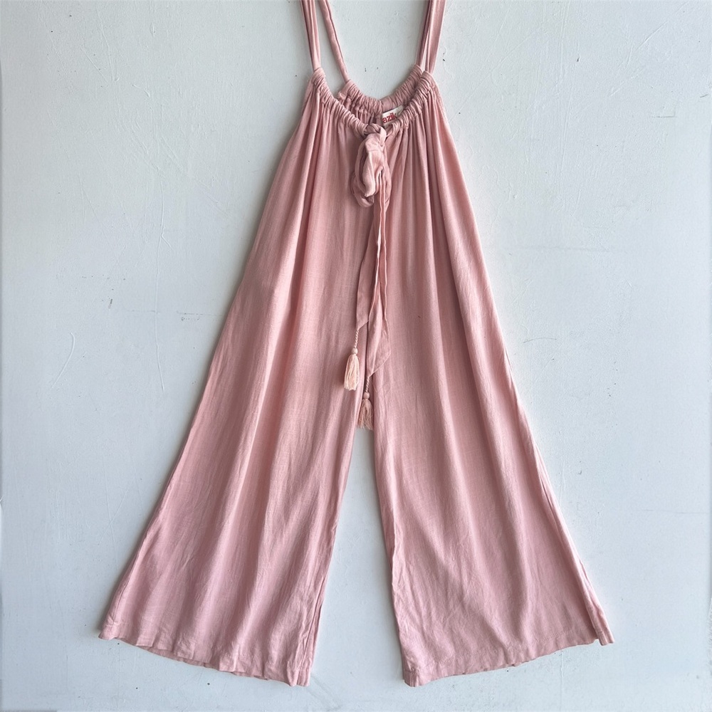 Mazik Boho Pink Linen Wide Leg Jumpsuit Suspender Overalls Tassels NEW - Picture 2 of 7